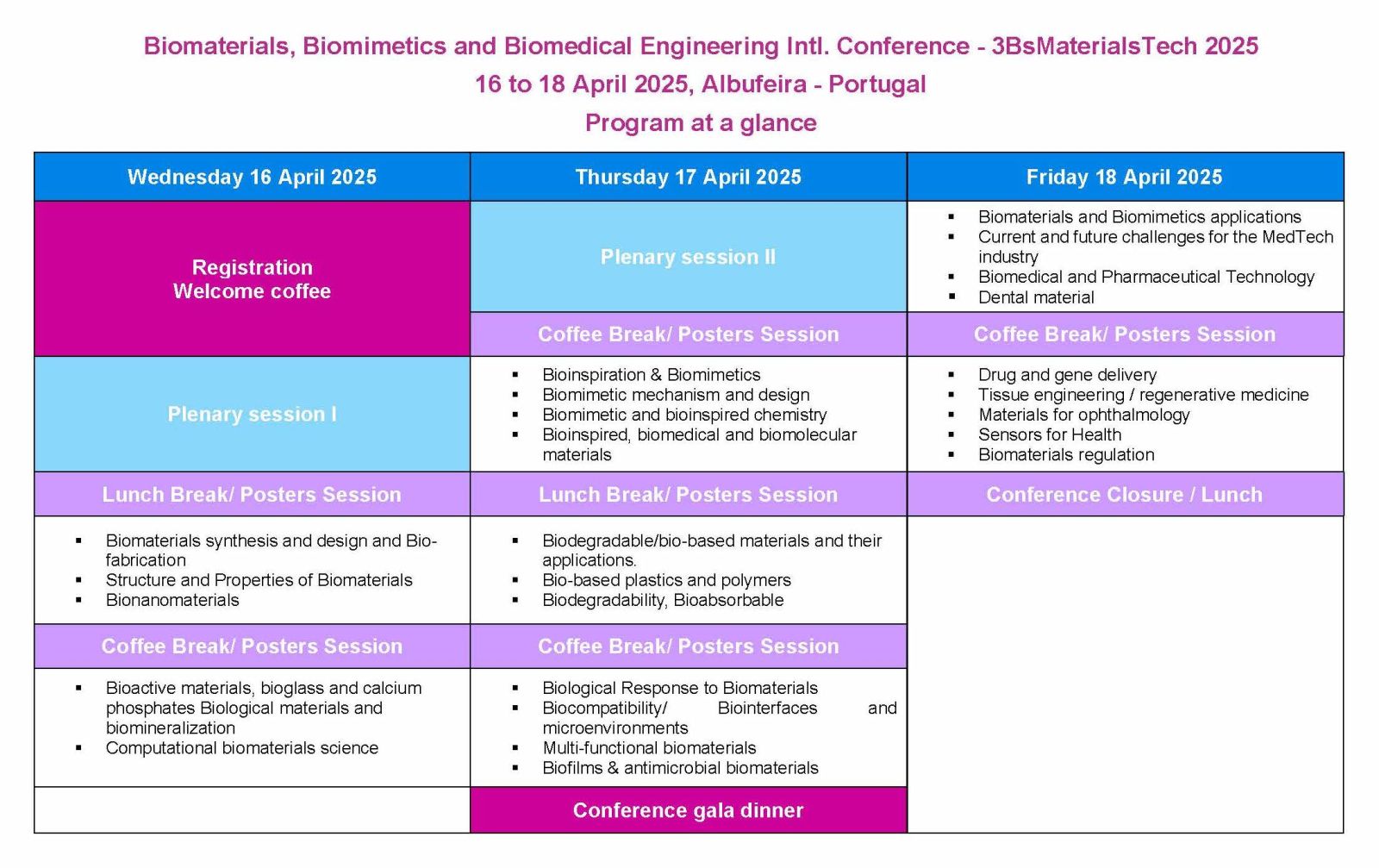 3BsMaterialsTech 2025, 16 to 18 April 2025, Albufeira, Portugal - Program at a glance